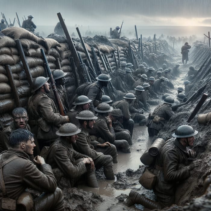 WW1 Soldiers in Rainy Trenches: Stunning Image
