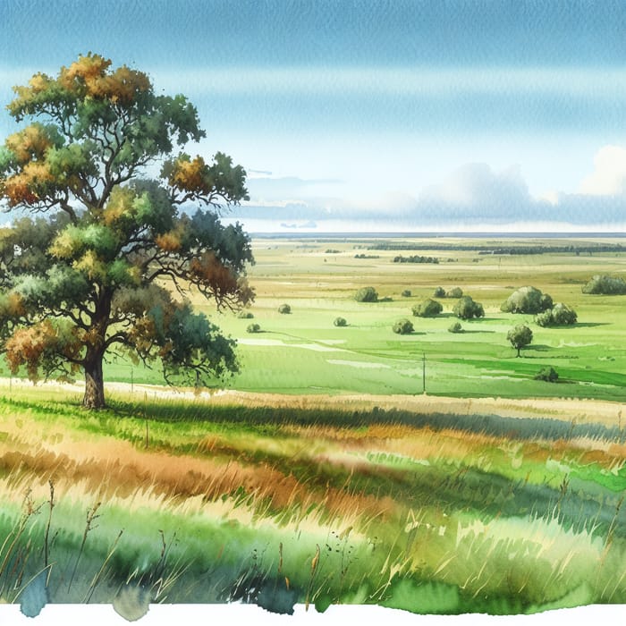 Watercolor Landscape of Green Plain and Trees