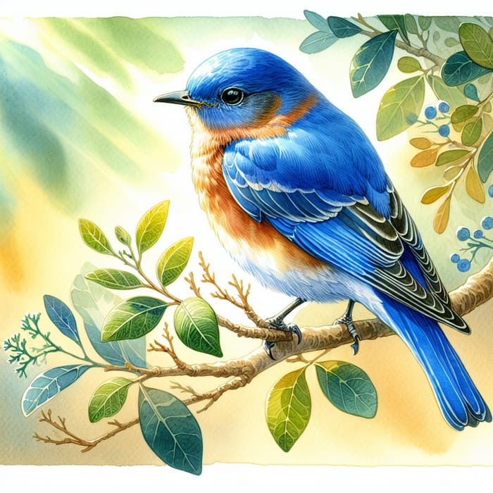 Bluebird Watercolor Art: Tranquil Bird Perched in Nature Scene