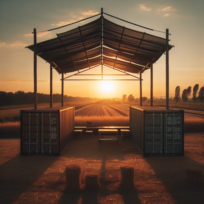 Golden Hour Farm Setting: Canopy over Shipping Containers