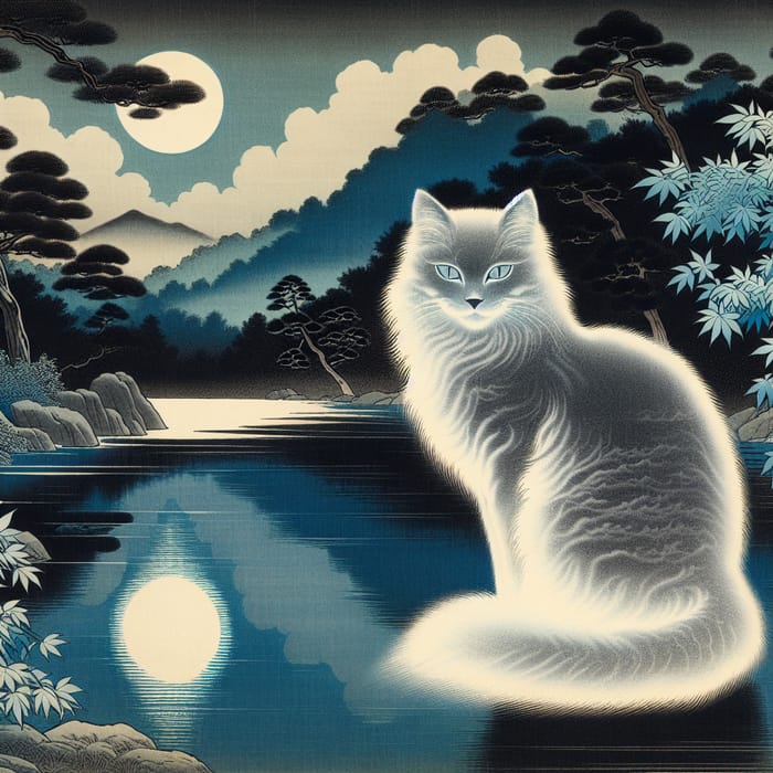 Ghostly Fluffy Grey Cat by River - Traditional Japanese Moonlit Night Art