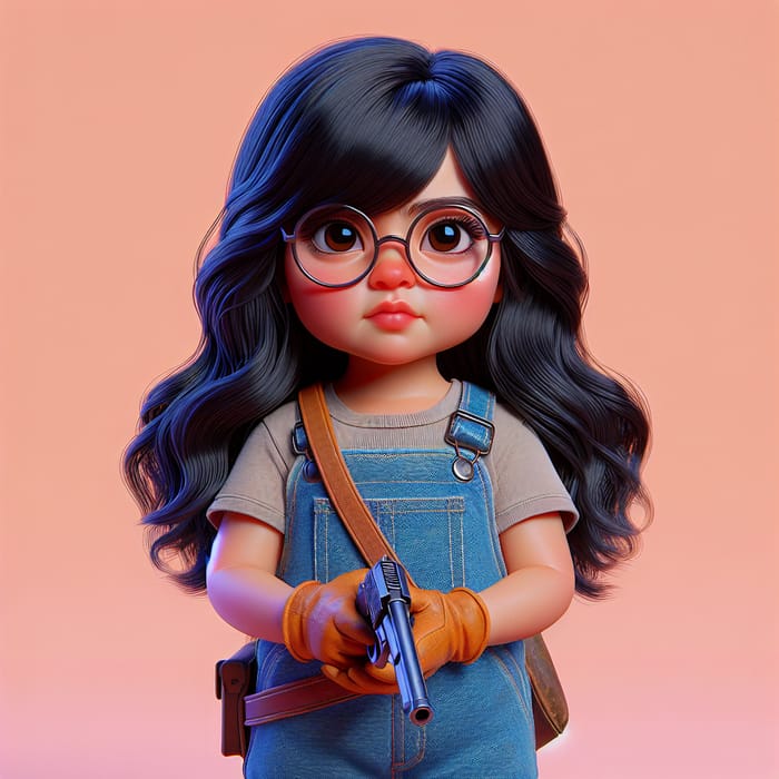 Hispanic Girl with Round Glasses & Toy Gun - Colorful Pixar Style Animation