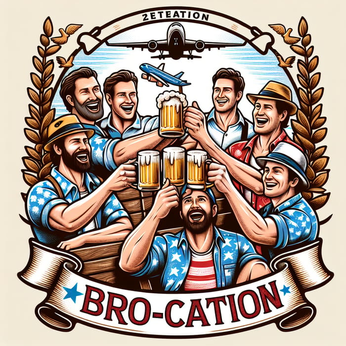 Guys Toasting Beer Mugs for 2024 Bro-Cation Trip Design
