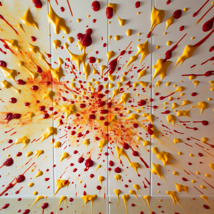 Innovation in Culinary Mishaps: Ceiling Artfully Splattered with Melted Cheese & Ketchup Stains