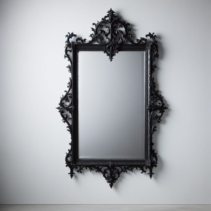 Large Rectangular Gothic Mirror with Carved Antique Black Frame