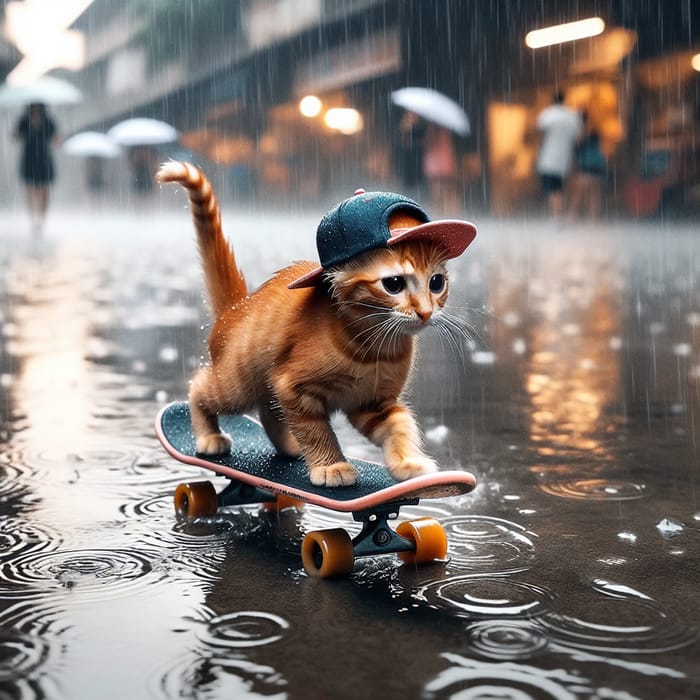 Orange Cat Skateboarding Carefreely in Rain | Urban Setting