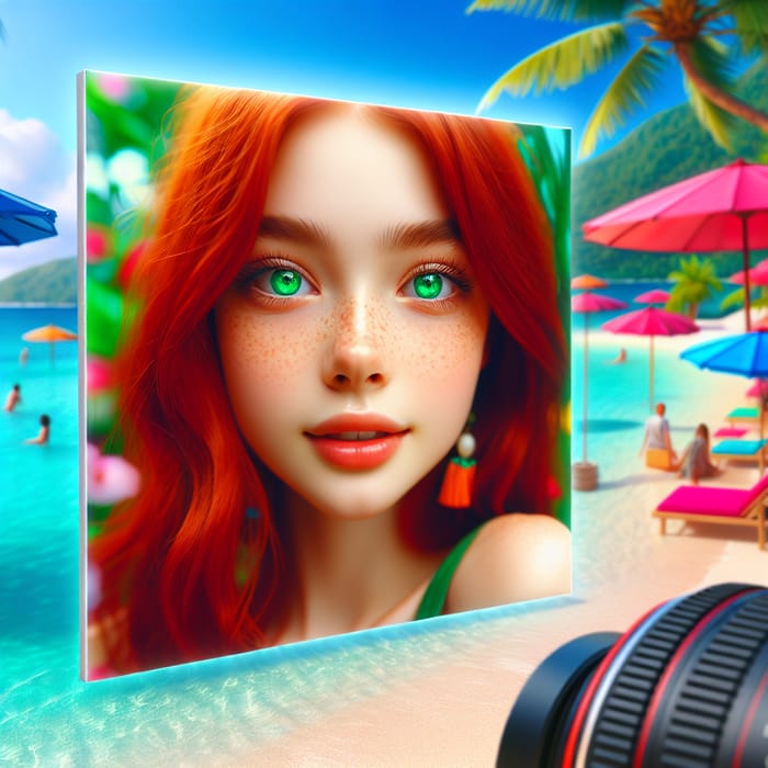 Vibrant Beach Portrait of Red-Haired Girl with Green Eyes - Tropical Paradise Beauty