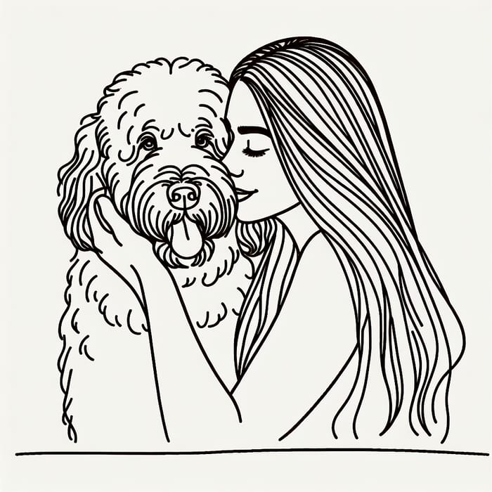 Minimalist Vector Illustration of Young Woman Embracing White Curly Dog
