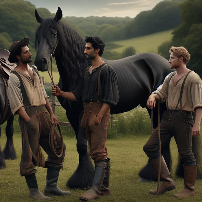 Majestic Horse with Men: Iconic Countryside Moment