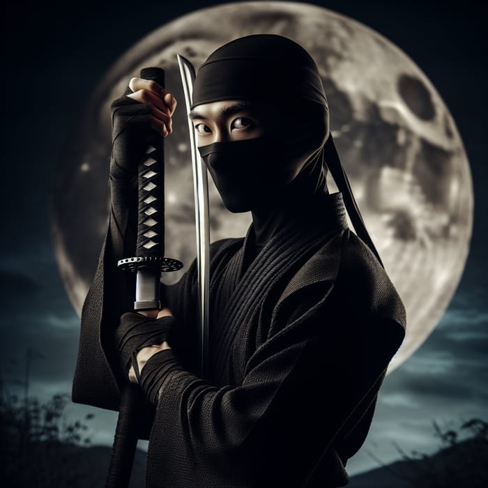 Enigmatic Asian Male Ninja under Moonlight: Stealth and Grace