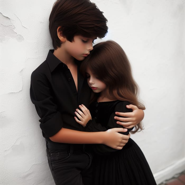 Boy in Black Shirt Hugs Girl Against White Wall