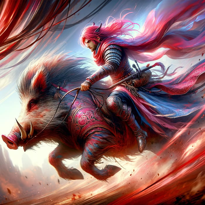 Intense Red-Haired Warrior on Charging Boar in Dynamic Comic Style
