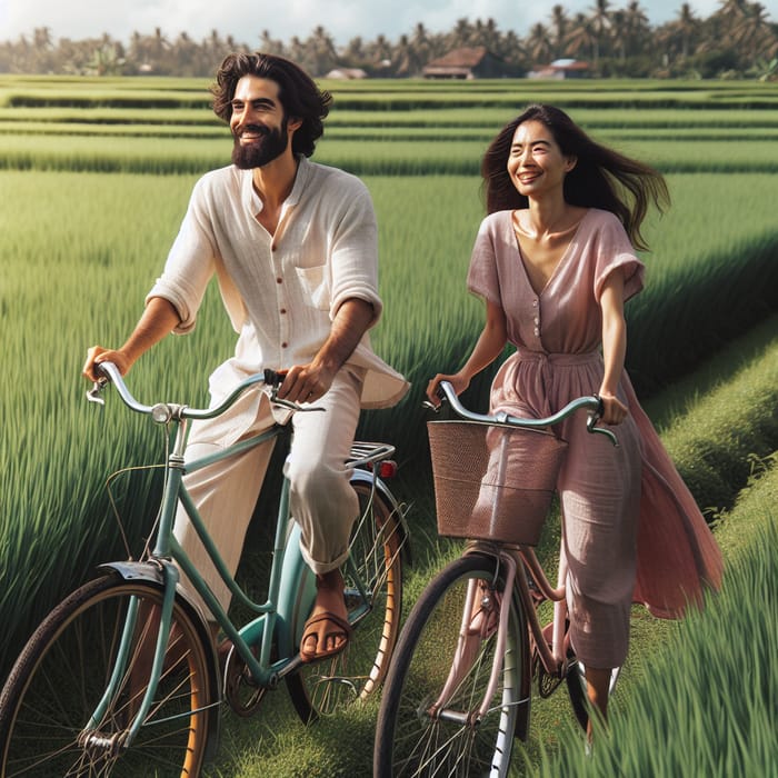 Husband and Wife Enjoy Leisurely Bike Ride in Lush Paddy Field
