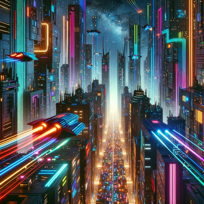 Dynamic Cyberpunk Cityscape with Flying Cars & Neon Lights