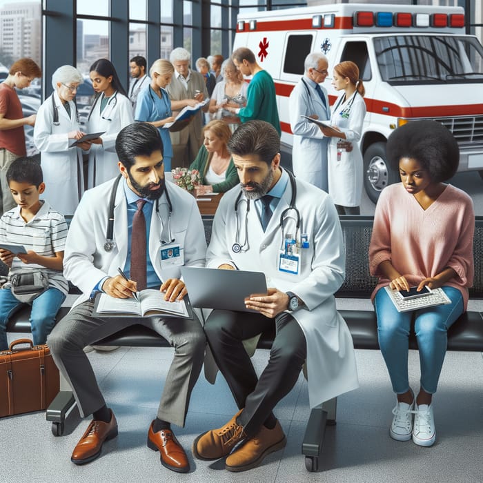 Diverse Hospital Scene: Doctors, Patients, and Ambulance