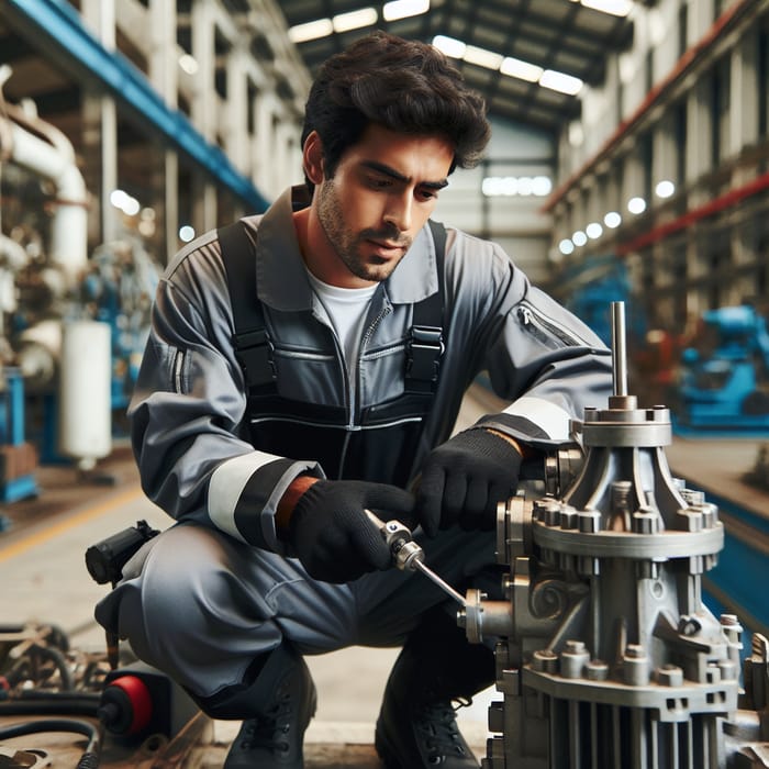 Latino Male Mechanic Fixing Pump System in Industrial Setting