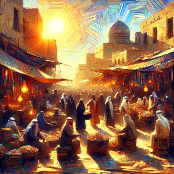 Impressionistic Desert Market with Glistening Treasures and Rich Textures