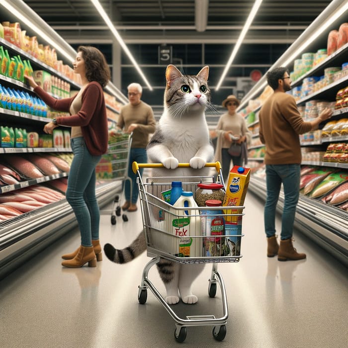 Cat Shopping in Supermarket: Domestic Scene with Diverse Shoppers
