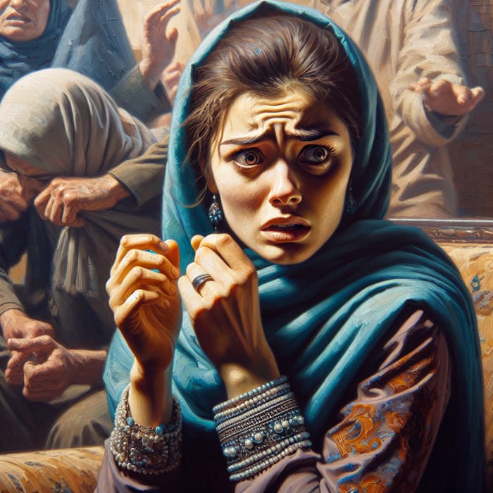 Tajik Bride's Struggle: Oil Painting Illustrating an Emotional Fight