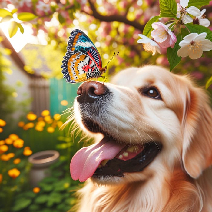 Butterfly on Dog Nose: Joyful Moment in Garden
