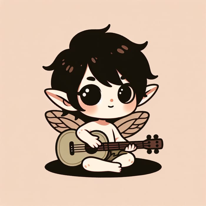 Charming Little Elf with Black Hair, Big Eyes, and a Guitar
