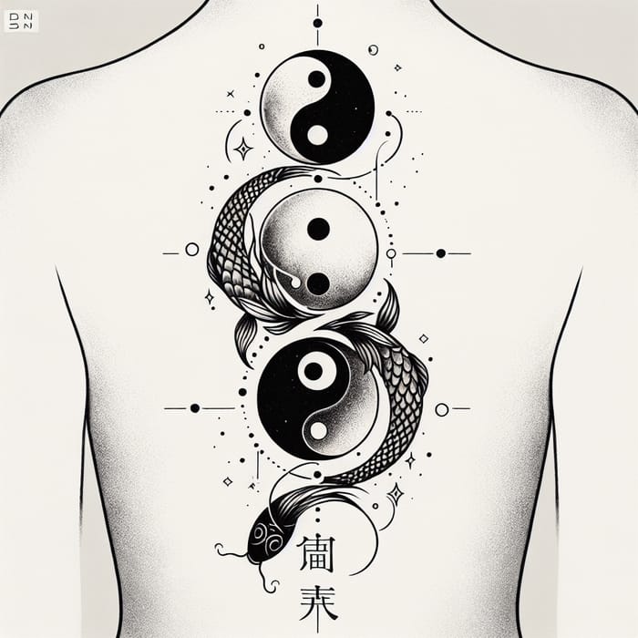 Minimalistic Moon Phases Spine Tattoo Design with Yin Yang and Fish