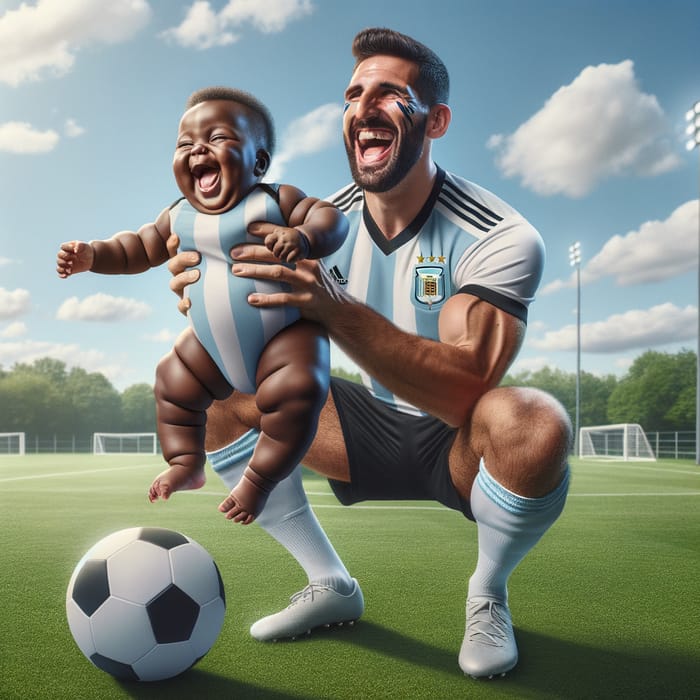 Footballer Messi Lifts Joyful Chubby Baby Outdoors