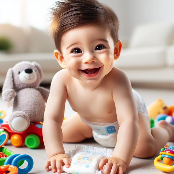 Adorable Toddler in Soft & Flexible Diapers with Colorful Toys