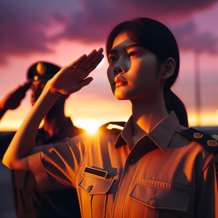 Diverse Officers Saluting at Sunset: Respecting Duty