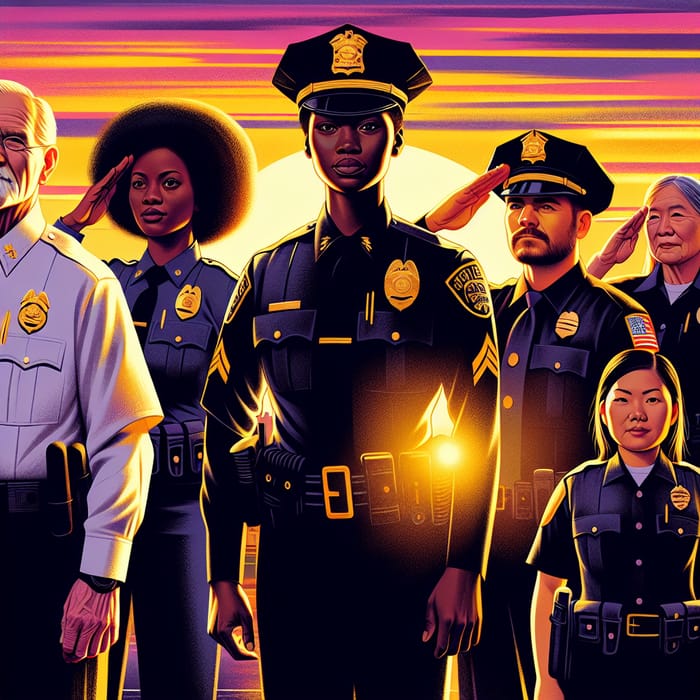 Illustration of Diverse Multi-Gender Police Officers Saluting at Sunset
