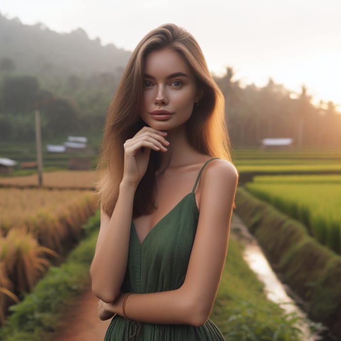 Young Caucasian Woman in White Skin Wearing Green Dress by Rice Field