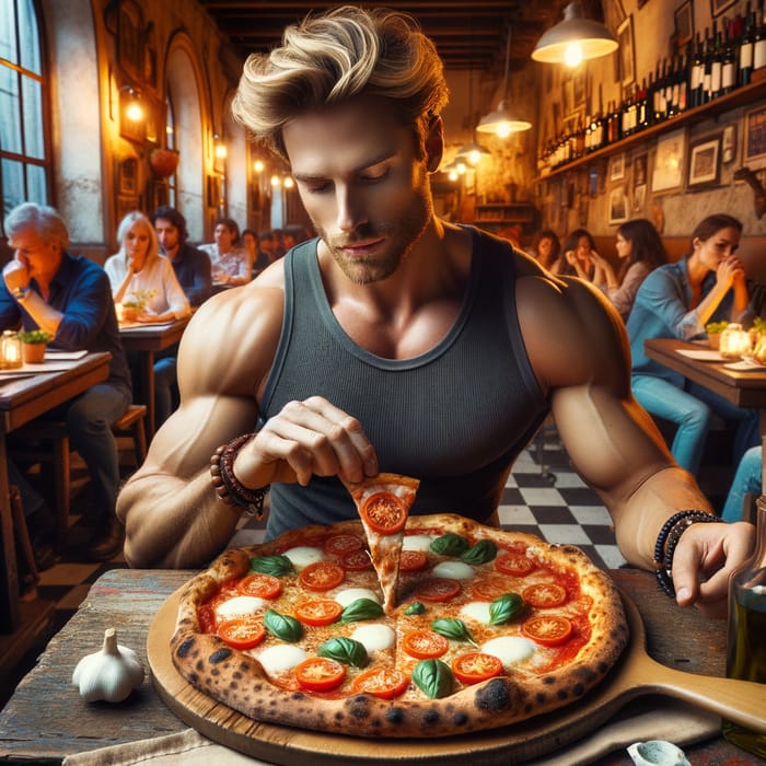 Brad Pitt Lookalike Enjoying Pizza in Cozy Italian Pizzeria