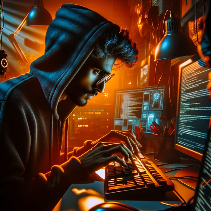 Cyberpunk Hacker in Orange Neon: 4K Intensity