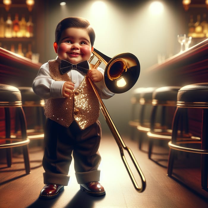 Chubby Hispanic Child Playing Trombone at Nightclub