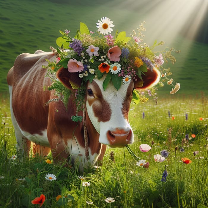 Idyllic Meadow Scene with Crowned Cow | Nature Harmony
