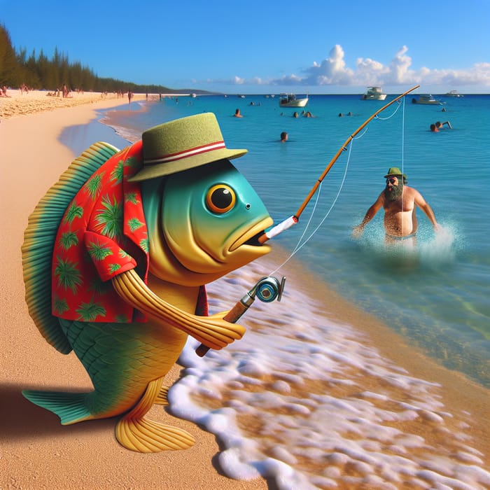 Fishing Fish in Tropical Outfit at Seashore | Unique Illustration