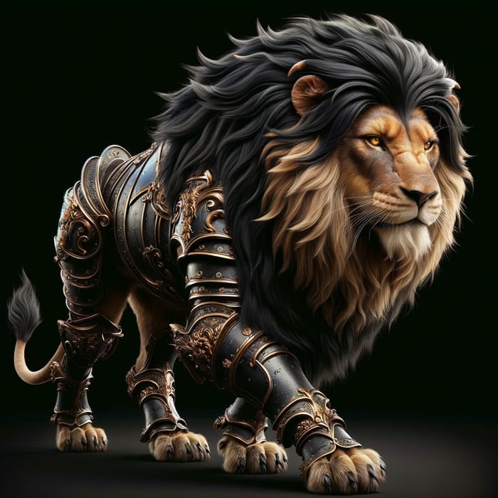 Formidable Lion with Black Mane and Gold Eyes in Artistic Armor