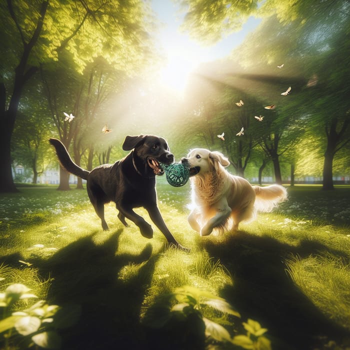 Vibrant Dogs Playing: Labrador and Golden Retriever Encounter