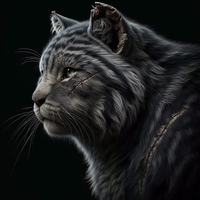 Majestic Cat with Dark Gray Fur, Stripes, and Scars