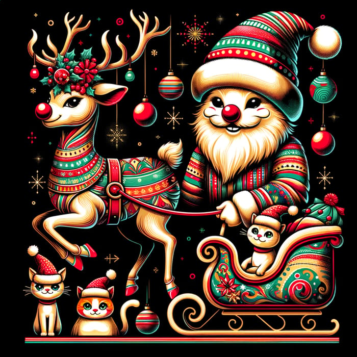 Whimsical Red-Nosed Reindeer & Cats Festivity