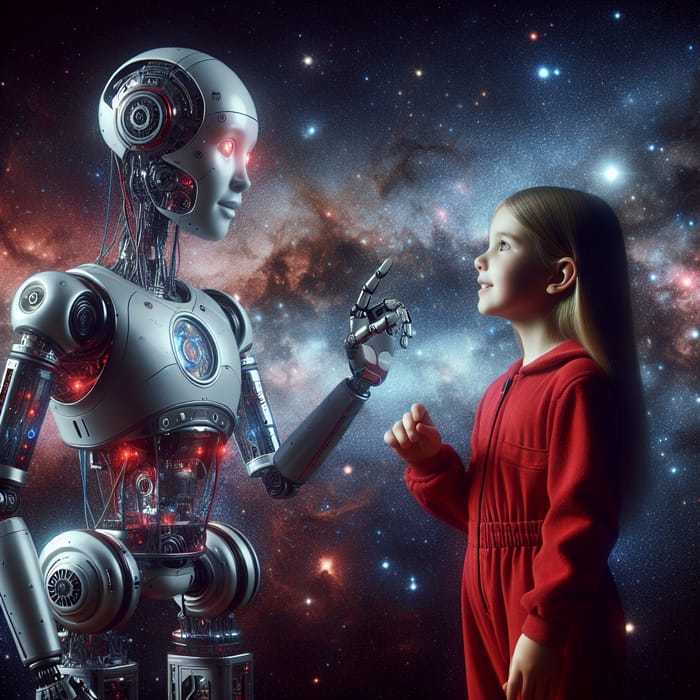 Girl and Friendly AI Robot in Red Jumpsuit | Space Tech Interaction