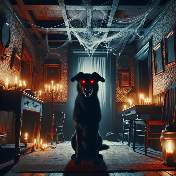 Spooky Black Dog with Red Eyes in Haunted House