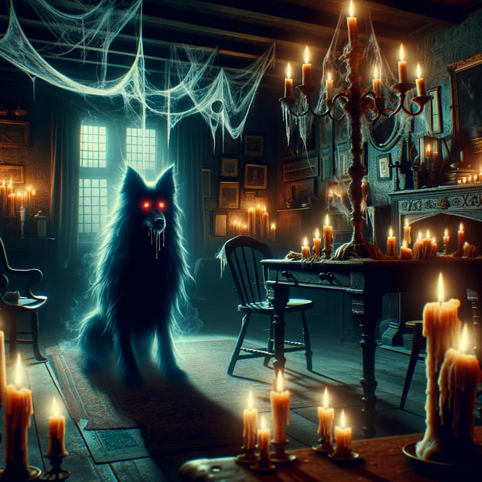 Ghostly Black Dog with Red Eyes in Haunted House | Eerie Scene