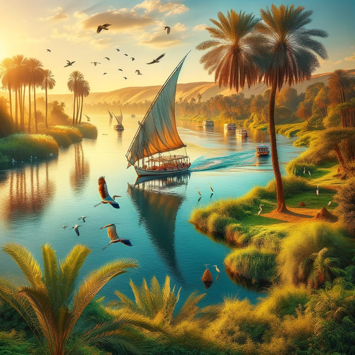 Magical Nile River Scene: Azure Waters, Palm Trees & Sunset Glow