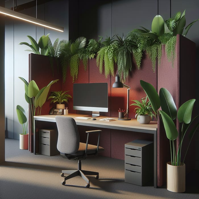 Modern Office Workstation with Red Felt Screen and Tropical Plants