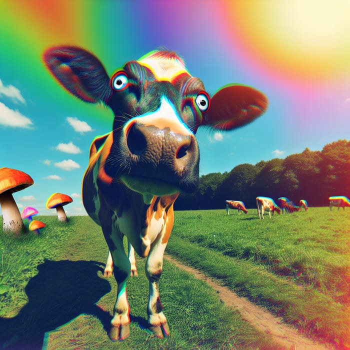 Dazed Cow in Dreamlike Pasture | Psychedelic Countryside Scene