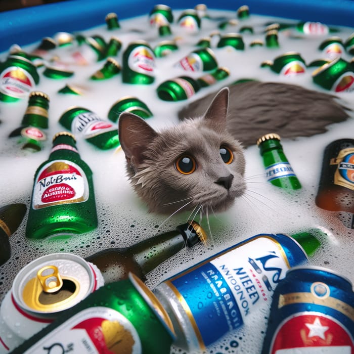 Cat Swimming in Sea of Beers