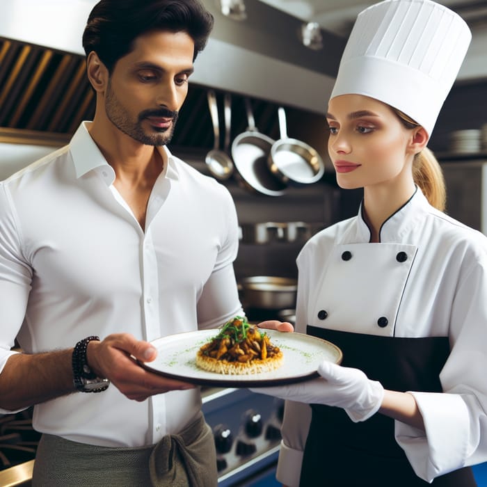Male presenting gourmet food to female chef in a professional kitchen