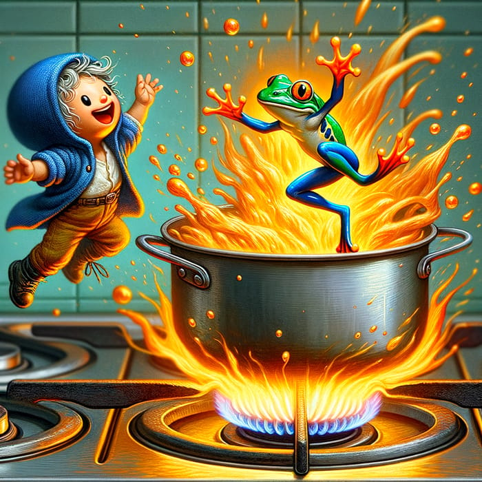 Celebration of Joy: Small Person and Frolicking Frog in Vibrant Kitchen Scene