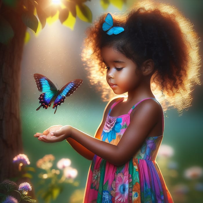 African-American Girl Releases Butterfly: Magical Childhood Moment
